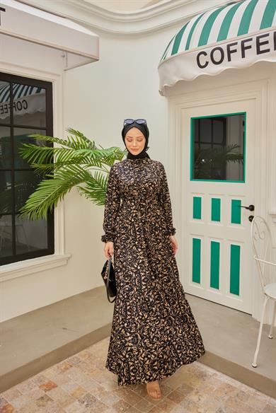 Tribal Desen Süet Elbise - Siyah