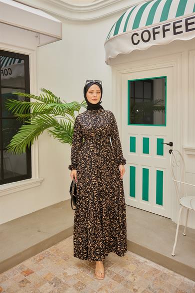 Tribal Desen Süet Elbise - Siyah