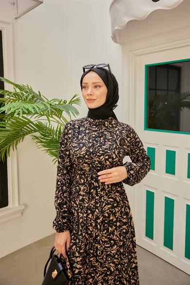 Tribal Desen Süet Elbise - Siyah