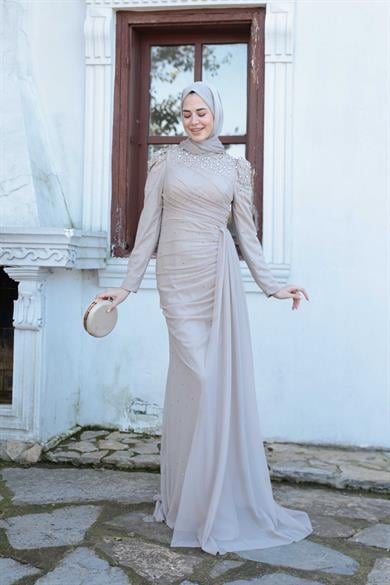 Tül Taş İşleme Abiye - Bej