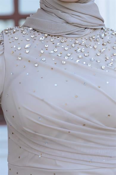 Tül Taş İşleme Abiye - Bej