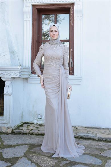 Tül Taş İşleme Abiye - Bej