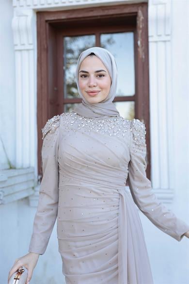 Tül Taş İşleme Abiye - Bej