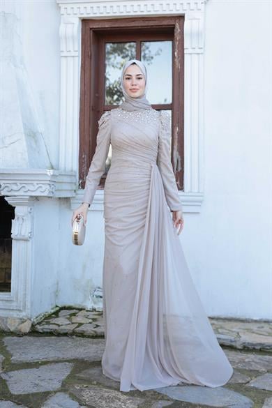 Tül Taş İşleme Abiye - Bej