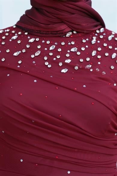 Tül Taş İşleme Abiye - Bordo