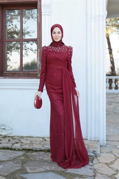 Tül Taş İşleme Abiye - Bordo