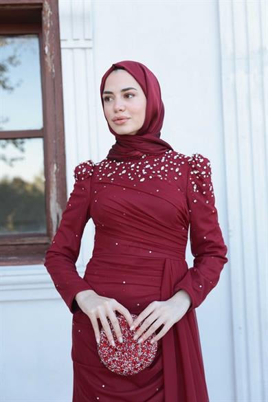 Tül Taş İşleme Abiye - Bordo