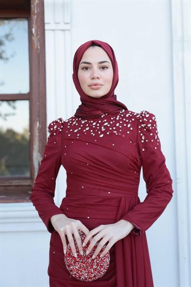 Tül Taş İşleme Abiye - Bordo