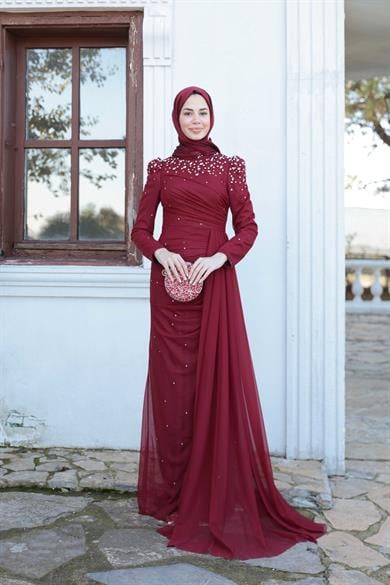 Tül Taş İşleme Abiye - Bordo