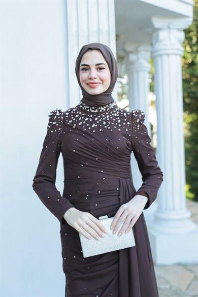 Tül Taş İşleme Abiye - Kahverengi