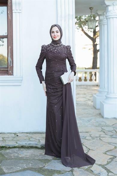 Tül Taş İşleme Abiye - Kahverengi