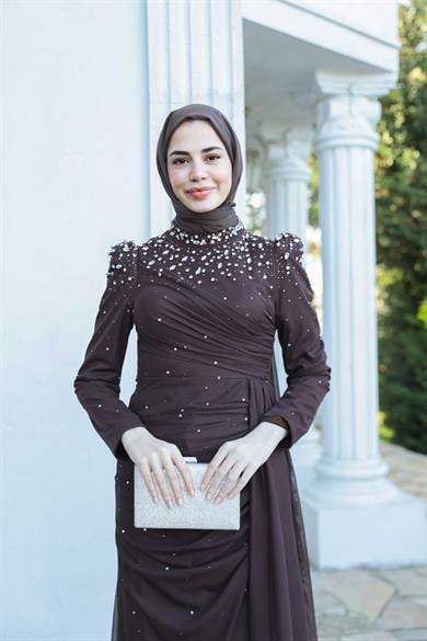 Tül Taş İşleme Abiye - Kahverengi