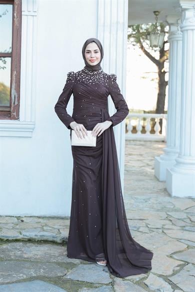 Tül Taş İşleme Abiye - Kahverengi