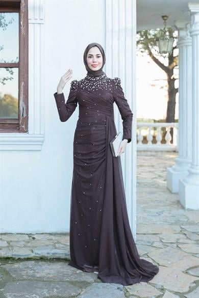 Tül Taş İşleme Abiye - Kahverengi