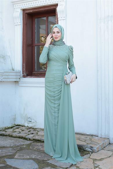Tül Taş İşleme Abiye - Mint Yeşil