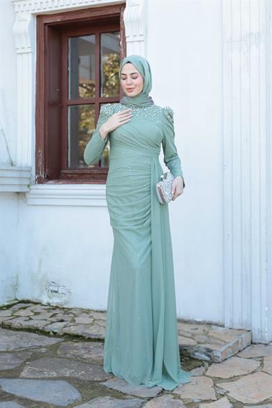 Tül Taş İşleme Abiye - Mint Yeşil