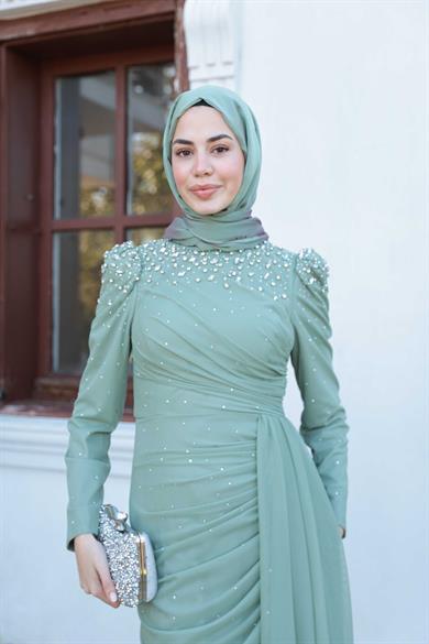 Tül Taş İşleme Abiye - Mint Yeşil