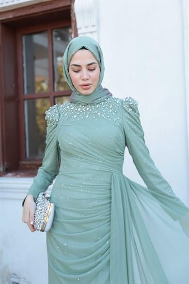 Tül Taş İşleme Abiye - Mint Yeşil
