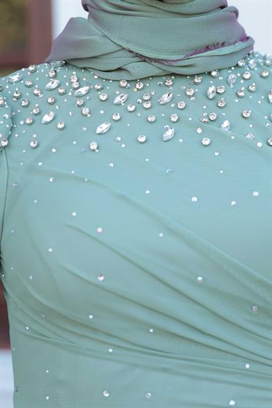 Tül Taş İşleme Abiye - Mint Yeşil