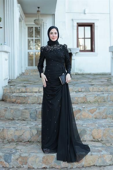 Tül Taş İşleme Abiye - Siyah