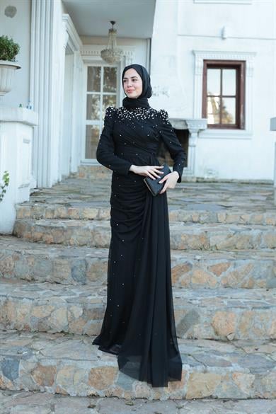 Tül Taş İşleme Abiye - Siyah