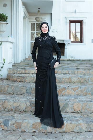 Tül Taş İşleme Abiye - Siyah
