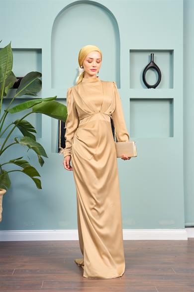 Feather Detailed Kobe Satin Evening Dress - Gold