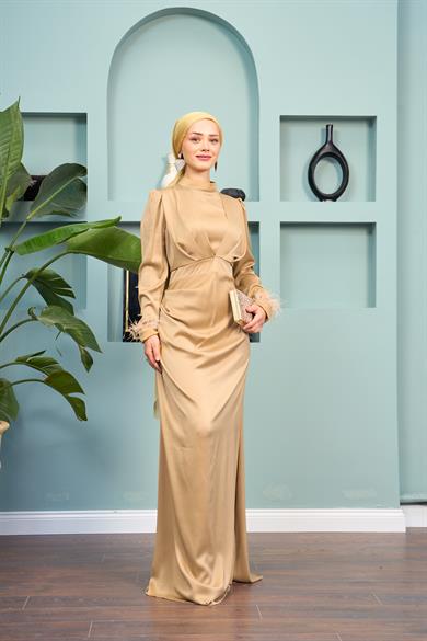 Feather Detailed Kobe Satin Evening Dress - Gold