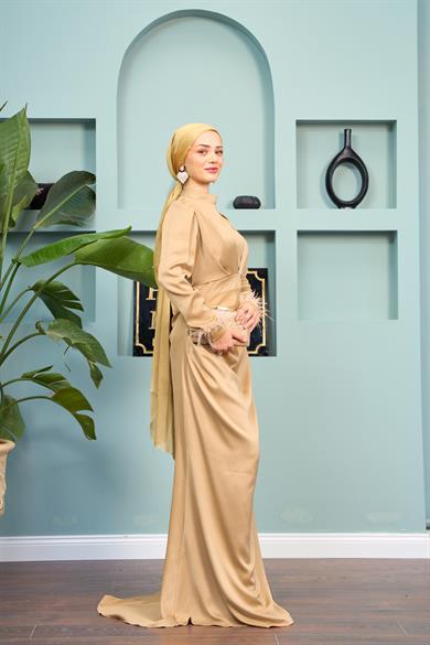 Feather Detailed Kobe Satin Evening Dress - Gold