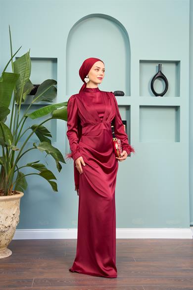 Feather Detailed Kobe Satin Evening Dress - Claret Red