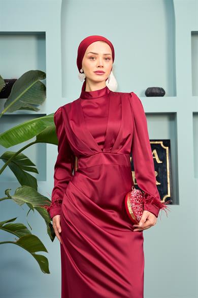 Feather Detailed Kobe Satin Evening Dress - Claret Red
