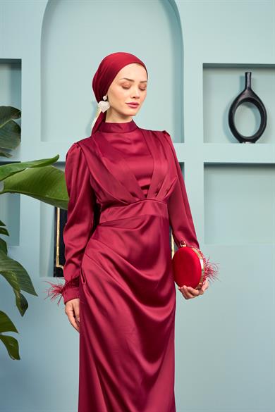 Feather Detailed Kobe Satin Evening Dress - Claret Red