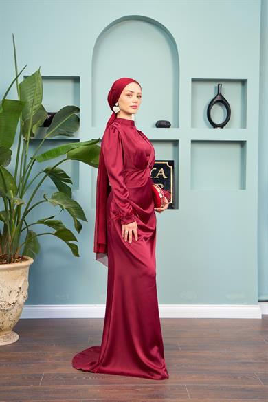 Feather Detailed Kobe Satin Evening Dress - Claret Red