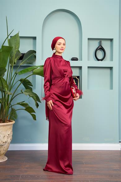 Feather Detailed Kobe Satin Evening Dress - Claret Red