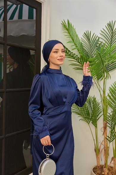 Feather Detailed Kobe Satin Evening Dress - Navy Blue