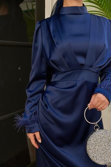Feather Detailed Kobe Satin Evening Dress - Navy Blue