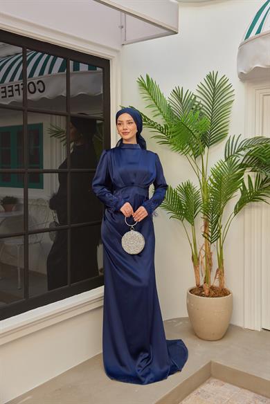 Feather Detailed Kobe Satin Evening Dress - Navy Blue