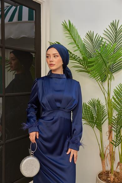 Feather Detailed Kobe Satin Evening Dress - Navy Blue
