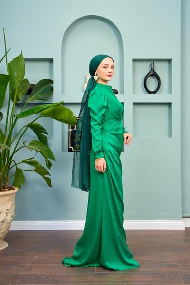 Feather Detailed Kobe Satin Evening Dress - Neon Green