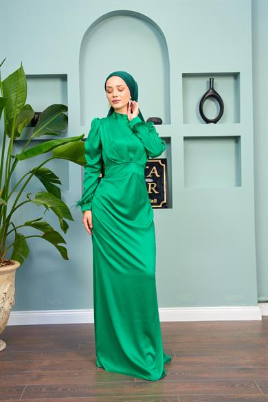 Feather Detailed Kobe Satin Evening Dress - Neon Green