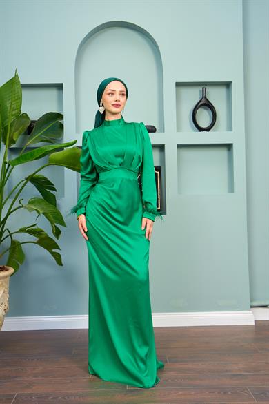 Feather Detailed Kobe Satin Evening Dress - Neon Green