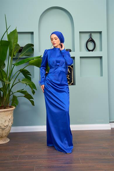 Kobe Satin Evening Dress with Feather Detail - Saks Blue