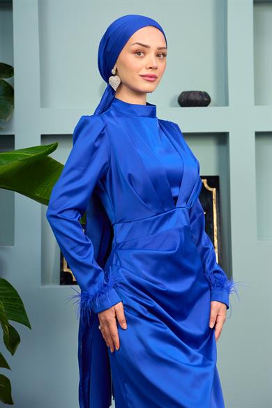 Kobe Satin Evening Dress with Feather Detail - Saks Blue