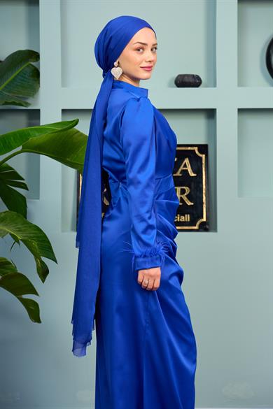 Kobe Satin Evening Dress with Feather Detail - Saks Blue