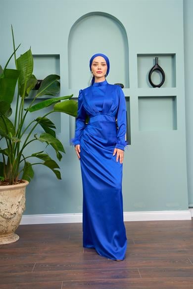 Kobe Satin Evening Dress with Feather Detail - Saks Blue