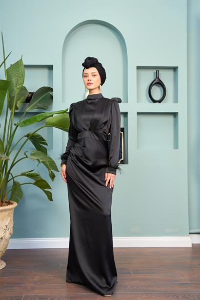 Feather Detailed Kobe Satin Evening Dress - Black