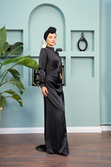 Feather Detailed Kobe Satin Evening Dress - Black