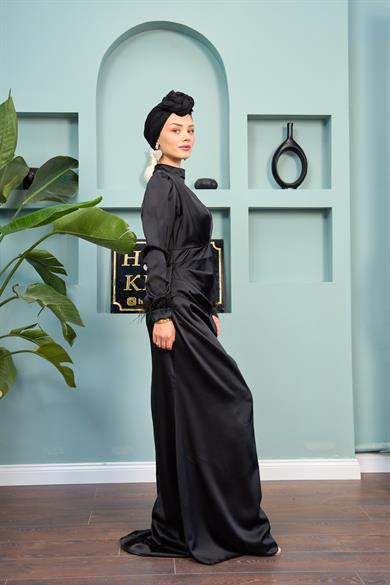 Feather Detailed Kobe Satin Evening Dress - Black