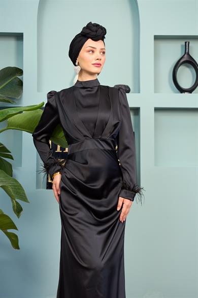 Feather Detailed Kobe Satin Evening Dress - Black