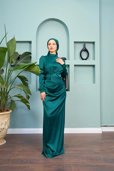 Kobe Satin Evening Dress with Feather Detail - Emerald Green